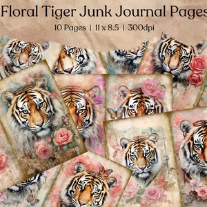 Bloemen Tijger Journaling Kaarten | Digitaal junktijdschrift Ephemera | Afdrukbare plakboekpapierkit | Boscollageblad | Victoriaanse pagina