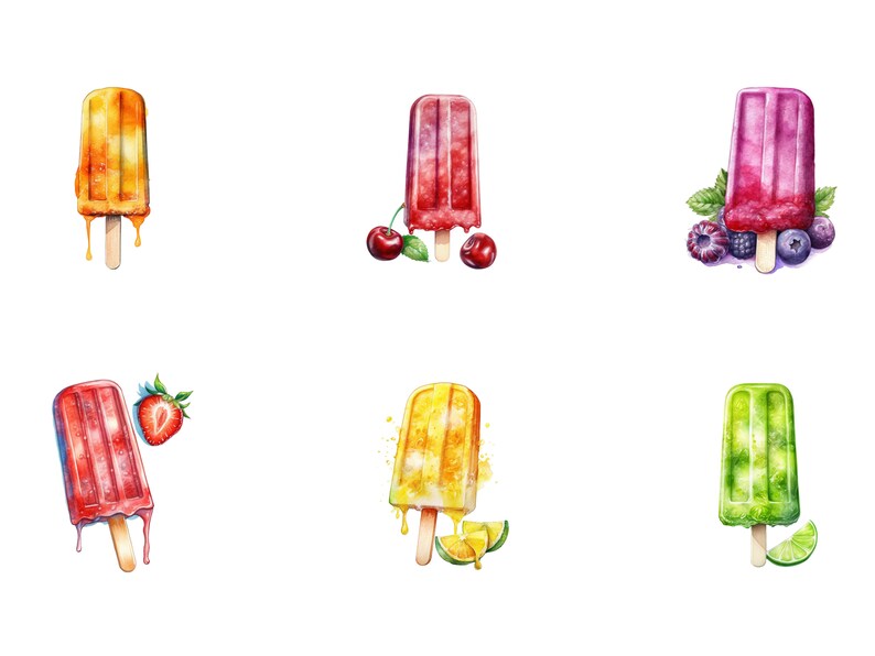 May include: Six watercolor illustrations of popsicles with various fruit toppings. The popsicles are yellow, orange, red, green, and purple. The toppings include strawberries, cherries, blueberries, and limes.