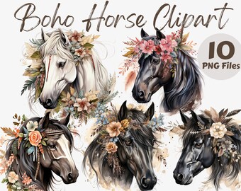 Watercolor Boho Horse PNG Clipart Bundle | Bohemian Horse PNG | Boho Graphics | Boho PNG | Instant Download | Commercial Use | Horse Clipart