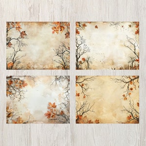 May include: Four digital printable papers with a vintage, autumnal theme. Each paper features a watercolor background with brown branches and orange leaves.