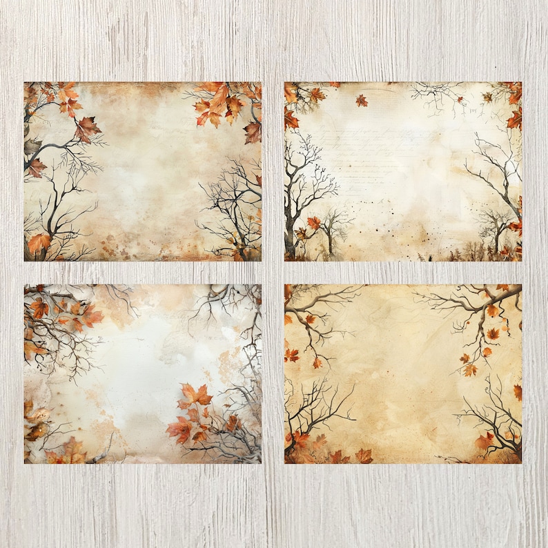 May include: Four digital printable papers with a vintage, autumnal theme. Each paper features a watercolor background with brown branches and orange leaves.