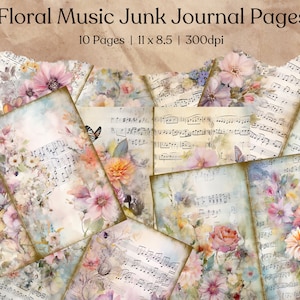 Hoja de collage de música con motivos florales, hojas de papel para diario basura, páginas de diario basura con motivos florales, material efímero vintage para imprimir, suministros para álbumes de recortes antiguos, digital