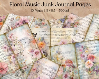 Floral Music Junk Journal Paper Music Collage Sheet Flower Junk Journal Pages Vintage Printable Ephemera Antique Scrapbook Supplies Digital