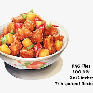 Pode incluir: Uma tigela branca com um design floral cheia de frango agridoce. O frango &eacute; castanho dourado e &eacute; servido com peda&ccedil;os de anan&aacute;s e piment&otilde;es vermelhos.