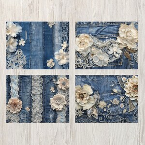 May include: Four square images showcasing denim fabric embellished with lace and fabric flowers in shades of white, cream, and pale pink. The denim has a distressed, vintage look.