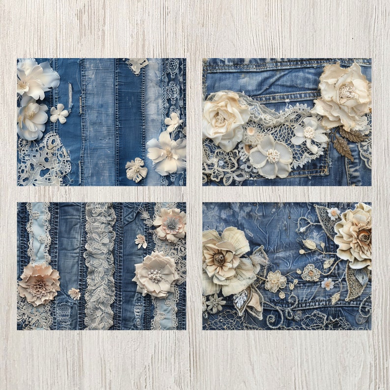 May include: Four square images showcasing denim fabric embellished with lace and fabric flowers in shades of white, cream, and pale pink. The denim has a distressed, vintage look.