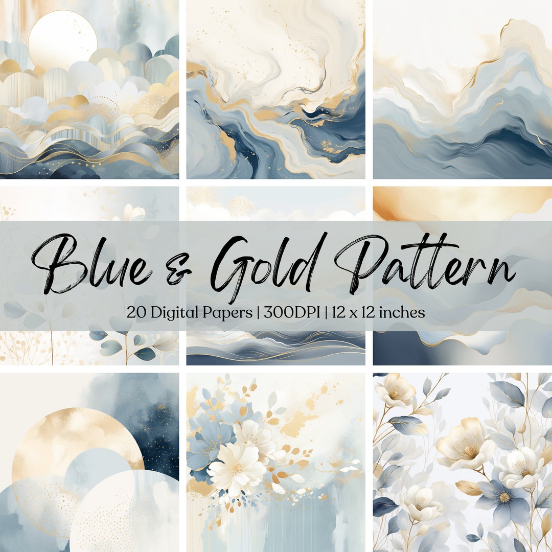 Blue and Gold Pattern Printable Digital Paper Pack | Background | Card ...