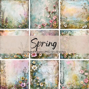 Könnte beinhalten: Ein Set mit 20 digitalen Papieren mit Frühlingsmotiven. Die Papiere zeigen verschiedene florale Muster, darunter rosa und weiße Blüten, grüne Blätter und einen hellblauen Hintergrund. Die Papiere sind 30,5 x 30,5 cm groß.