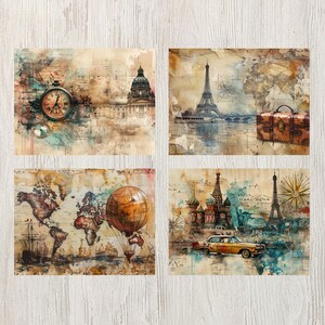 Pode incluir: Uma colagem de imagens de viagens vintage que apresenta um rel&oacute;gio, um bal&atilde;o de ar quente, um mapa do mundo, a Torre Eiffel, a Catedral de S&atilde;o Bas&iacute;lio e uma mala. As imagens est&atilde;o em um estilo vintage desbotado com um efeito de aquarela.
