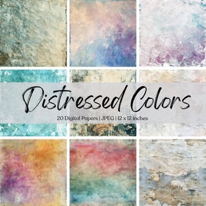 Puede incluir: Un conjunto de 20 papeles digitales con texturas desgastadas en varios colores, incluyendo azul, verde, rosa y amarillo. Cada papel mide 30,5 x 30,5 cm.