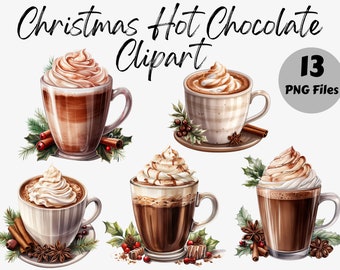 Watercolor Christmas Hot Chocolate Clipart | Hot Cocoa PNG | Christmas Clipart | Hot Chocolate PNG | Xmas Clipart | Scrapbook | Paper Crafts