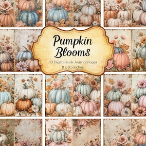 Floral Pumpkin Junk Journal Pages, Autumn Art, Printable Paper Kit, Rustic Fall Digital Scrapbook, Pastel Pumpkin Craft Paper, Fall Ephemera