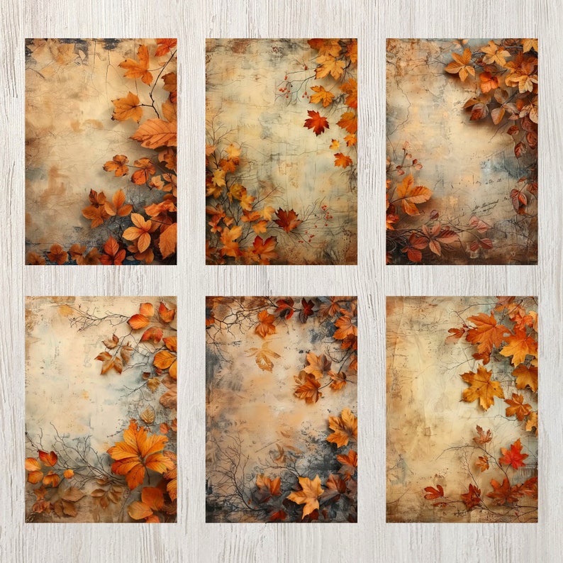 May include: Six digital art prints featuring a vintage background with autumn leaves in shades of orange, yellow, and brown. The leaves are arranged in a decorative pattern around the edges of each print.
