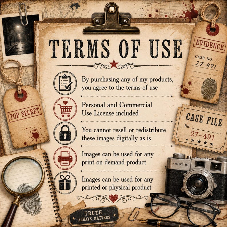May include: A Terms of Use document on a clipboard with a metal clip, featuring a list of rules with icons. The document is surrounded by a magnifying glass, a vintage camera, a pair of glasses, a fountain pen, and several paper tags labeled Evidence.