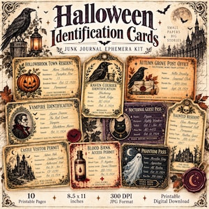 Può includere: Una collezione di dieci carte d'identità e permessi di Halloween con grafiche in stile vintage di corvi, zucche, fantasmi e castelli. Le carte includono testi come Vampire Identification, Nocturnal Guest Pass e Blood Bank Access Permit.