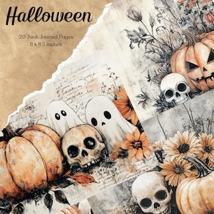 Halloween Junk Journal Seiten Digitales Scrapbook Papier Kit Druckbare Gothic Vintage Ephemera Kürbis Collage Geist Grimoire BOS Fantasy