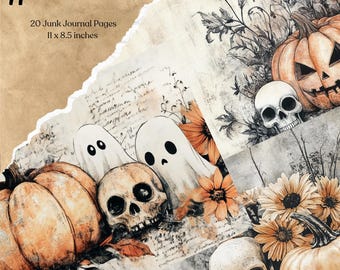 Halloween Junk Journal Pages Digital Scrapbook Paper Kit Spooky Printable Gothic Vintage Ephemera Pumpkin Collage Ghost Grimoire BOS Fantasy