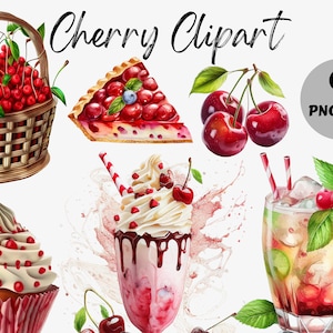 Watercolor Cherry Clipart Bundle | Cherry Digital Images | Cherry Graphics | Watercolor Food Clipart | Tart | Cake | Cupcake | Milkshake PNG