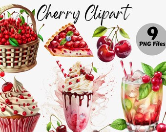 Watercolor Cherry Clipart Bundle | Cherry Digital Images | Cherry Graphics | Watercolor Food Clipart | Tart | Cake | Cupcake | Milkshake PNG