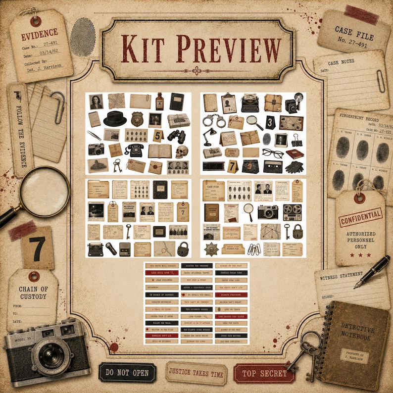 True Crime Junk Journal Ephemera Kit, Vintage Detective Case File Tags, Evidence Labels, Fussy Cuts, Printable Noir Paper Crafting Download image 2