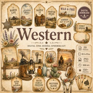 Puede incluir: Un kit digital de efímera para diario con temática del Oeste, que incluye etiquetas, naipes, un vaquero, un caballo, una linterna, botas, cactus y una calavera. Incluye 20 páginas, 21,59 x 27,94 cm, archivos JPEG, 300 DPI.