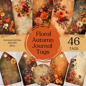 Kit de etiquetas para diário de sucata de flores de outono, etiqueta para impressão de outono, papel vintage para artesanato, papel para diário, papel para scrapbook, etiqueta para diário digital, itens efêmeros
