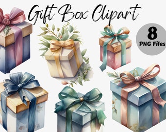 May include: Eight watercolor illustrations of gift boxes with different colored ribbons and boxes. The boxes are decorated with floral patterns and have a vintage aesthetic.