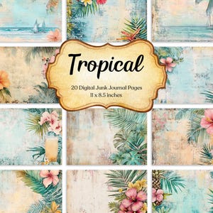 Puede incluir: Un conjunto de 20 páginas de diario basura digital con temática tropical. Las páginas presentan ilustraciones de acuarela de flores tropicales, hojas de palma y escenas oceánicas. El texto "Tropical" se muestra en una etiqueta decorativa, con las dimensiones 28 x 22 cm.