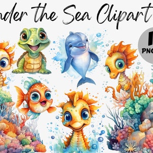 Aquarell Unterwasser Clipart Bundle | Tier PNG | Seestern PNG | Seepferdchen PNG | Digitaler Download | Kinderzimmer Grafik | Kommerzielle Nutzung