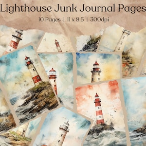 May include: Ten digital printable pages featuring watercolor illustrations of lighthouses on rocky shores with stormy seas. The pages are designed for use in junk journals.