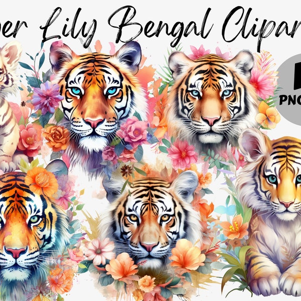 Tiger Lily Bengal Clipart Bundle | Watercolor Bengal PNG | Floral Graphics | Tiger Lily PNG | Commercial Use | Floral Tiger Sublimation