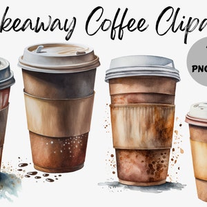 Paquete de imágenes prediseñadas de café para llevar de acuarela / imágenes digitales de café para llevar / gráficos de café para llevar de acuarela / granos de café PNG /