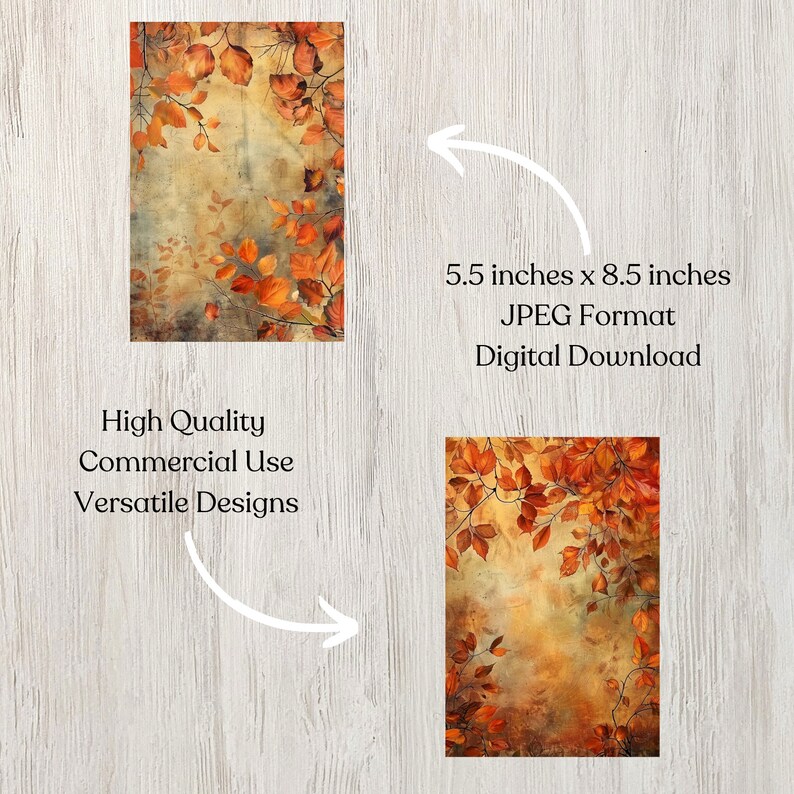 May include: Digital download of a watercolor painting of autumn leaves in shades of orange, yellow, and brown. The leaves are arranged in a loose, flowing pattern against a textured background. The image is 5.5 inches by 8.5 inches.