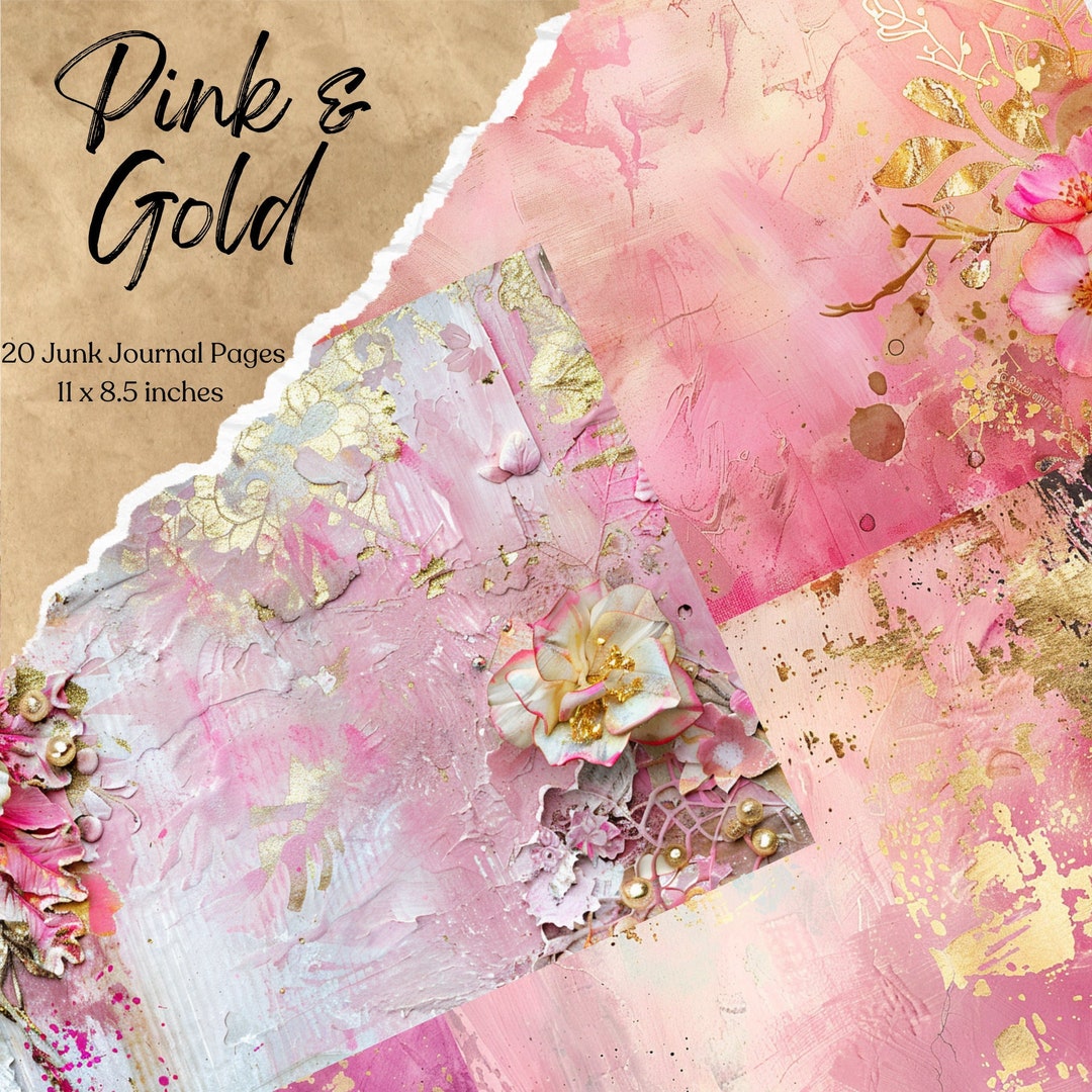 Pink and Gold Mixed Media Junk Journal Art Pages | Digital Paper ...