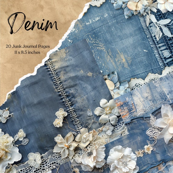 Denim Junk Journal Page Bundle Textile Collage Sheets Digital Scrapbooking Floral Lace Vintage Ephemera Shabby Chic Paper Journal Supplies