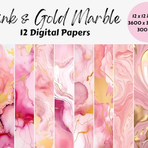 May include: Twelve digital papers featuring pink and gold marble patterns. Each paper is 12 inches by 12 inches and 300 DPI.