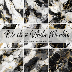 May include: 20 digital papers featuring black and white marble with gold accents. Each paper is 12 x 12 inches.