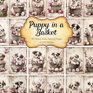 Pacchetto di pagine di diario di Pasqua con cuccioli, carta per scrapbooking, carta per diario di animali, collage di effimeri di cani, carta digitale, download immediato
