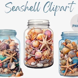 May include: Three glass jars filled with a variety of seashells and starfish. The jars are clear and the shells are a mix of colors, including white, brown, pink, and blue.  Seashell Clipart 11 PNG Files