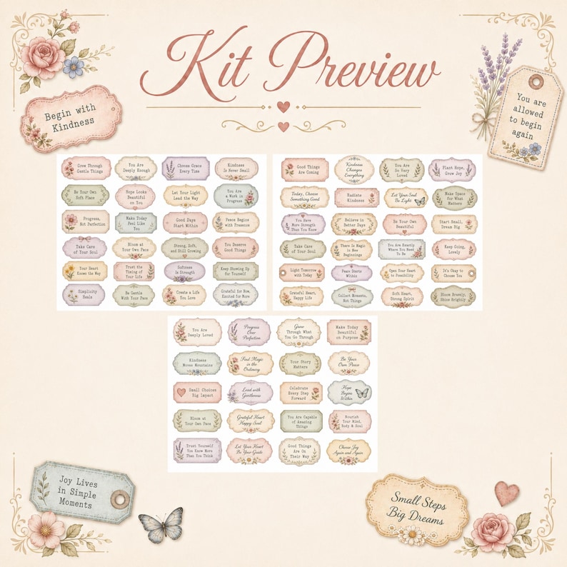 Positive Quotes Junk Journal Ephemera Kit, Vintage Feminine Tags, Labels, Stamps, Journal Cards, Word Strips, Printable JPEG Download Bundle image 5