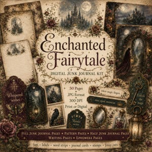 Pode incluir: Um kit digital de junk journal intitulado Enchanted Fairytale com 50 páginas em formato JPG a 300 DPI. A coleção inclui páginas de escrita, padrões, efêmeras, etiquetas, tiras de palavras, cartões de diário, selos e recortes.