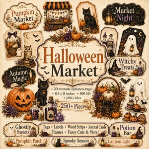 May include: A collection of printable Halloween ephemera featuring vintage-style illustrations of pumpkins, black cats, ghosts, lanterns, and potion bottles. The set includes labels, tags, and word strips with text like Halloween Market, Pumpkin Market, and Autumn Magic.
