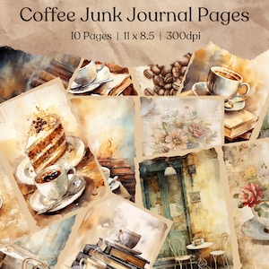 コーヒー ジャンク ジャーナル キット | カフェ ページ | ヴィンテージ エフェメラ | レシピ ジャーナル | スクラップブッキング用の印刷可能なデジタル ペーパー | グランジ | シャビー シック