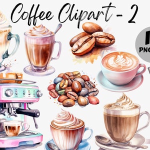 Paquete de imágenes prediseñadas de café de acuarela / Imágenes digitales de café / Gráficos de café de acuarela / Café PNG / Granos de café PNG / Uso comercial