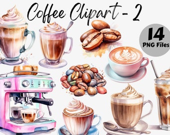 May include: Watercolor illustrations of coffee drinks, coffee beans, and a coffee maker. The illustrations are in a light and airy style, with soft colors and delicate details. There are 14 PNG files included in this set.