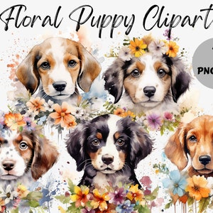 Bundle Clipart chiot Floral aquarelle | Graphiques de chiot | Sublimation chiot | Chiot PNG | Images numériques de chien floral | Un usage commercial