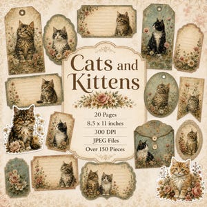 Puede incluir: Una colección digital de efímeros de Gatos y Gatitos con 20 páginas, 21,59 x 27,94 cm, 300 DPI, archivos JPEG y más de 150 piezas. El conjunto incluye varias etiquetas, tarjetas y adornos decorados con gatos y motivos florales.