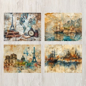 Pode incluir: Quatro cart&otilde;es postais de estilo vintage com ilustra&ccedil;&otilde;es de aquarela de destinos de viagem. O primeiro cart&atilde;o postal apresenta um mapa com uma b&uacute;ssola e uma Torre Eiffel vintage. O segundo cart&atilde;o postal apresenta um veleiro em uma massa de &aacute;gua com uma cordilheira ao fundo. O terceiro cart&atilde;o postal apresenta um avi&atilde;o vintage voando sobre uma cidade com a Torre Eiffel ao fundo. O quarto cart&atilde;o postal apresenta um veleiro em uma massa de &aacute;gua com uma cidade ao fundo.