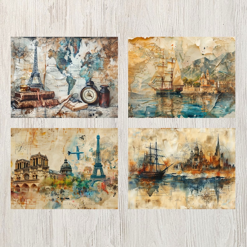 Pode incluir: Quatro cart&otilde;es postais de estilo vintage com ilustra&ccedil;&otilde;es de aquarela de destinos de viagem. O primeiro cart&atilde;o postal apresenta um mapa com uma b&uacute;ssola e uma Torre Eiffel vintage. O segundo cart&atilde;o postal apresenta um veleiro em uma massa de &aacute;gua com uma cordilheira ao fundo. O terceiro cart&atilde;o postal apresenta um avi&atilde;o vintage voando sobre uma cidade com a Torre Eiffel ao fundo. O quarto cart&atilde;o postal apresenta um veleiro em uma massa de &aacute;gua com uma cidade ao fundo.