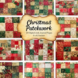 Könnte beinhalten: 20 digitale Junk Journal Seiten mit einem Weihnachts-Patchwork-Design. Die Seiten sind 11 x 8,5 Zoll groß und zeigen eine Vielzahl von roten, grünen und goldenen Mustern.
